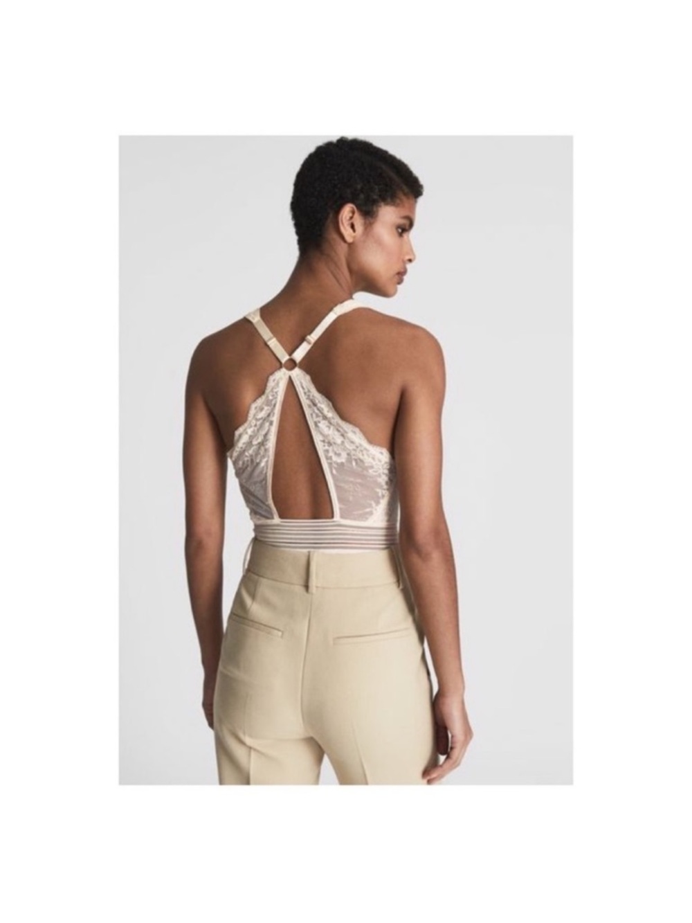 New! REISS Stretch Sexy Lace Plunge Open Back Bodysuit in Cream Ivory - Picture 3 of 11